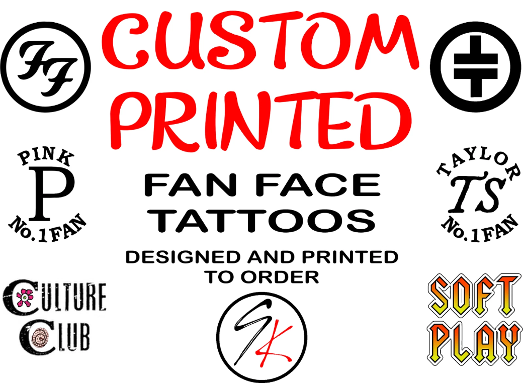 Custom Printed Fan Face Tattoo  (  Set of 4 ) Great Fun Item Printed in UK
