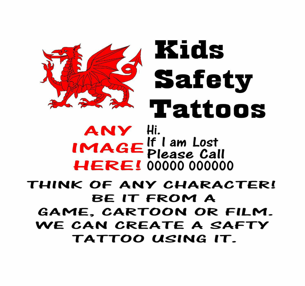 Personalised Kids Safety Phone Number Holiday, Day Trip Tattoo ( Set of 4 ) Printed in UK