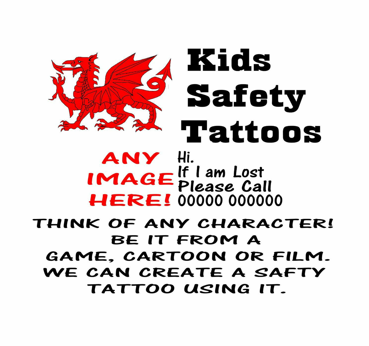 Personalised Kids Safety Phone Number Holiday, Day Trip Tattoo ( Set of 4 ) Printed in UK