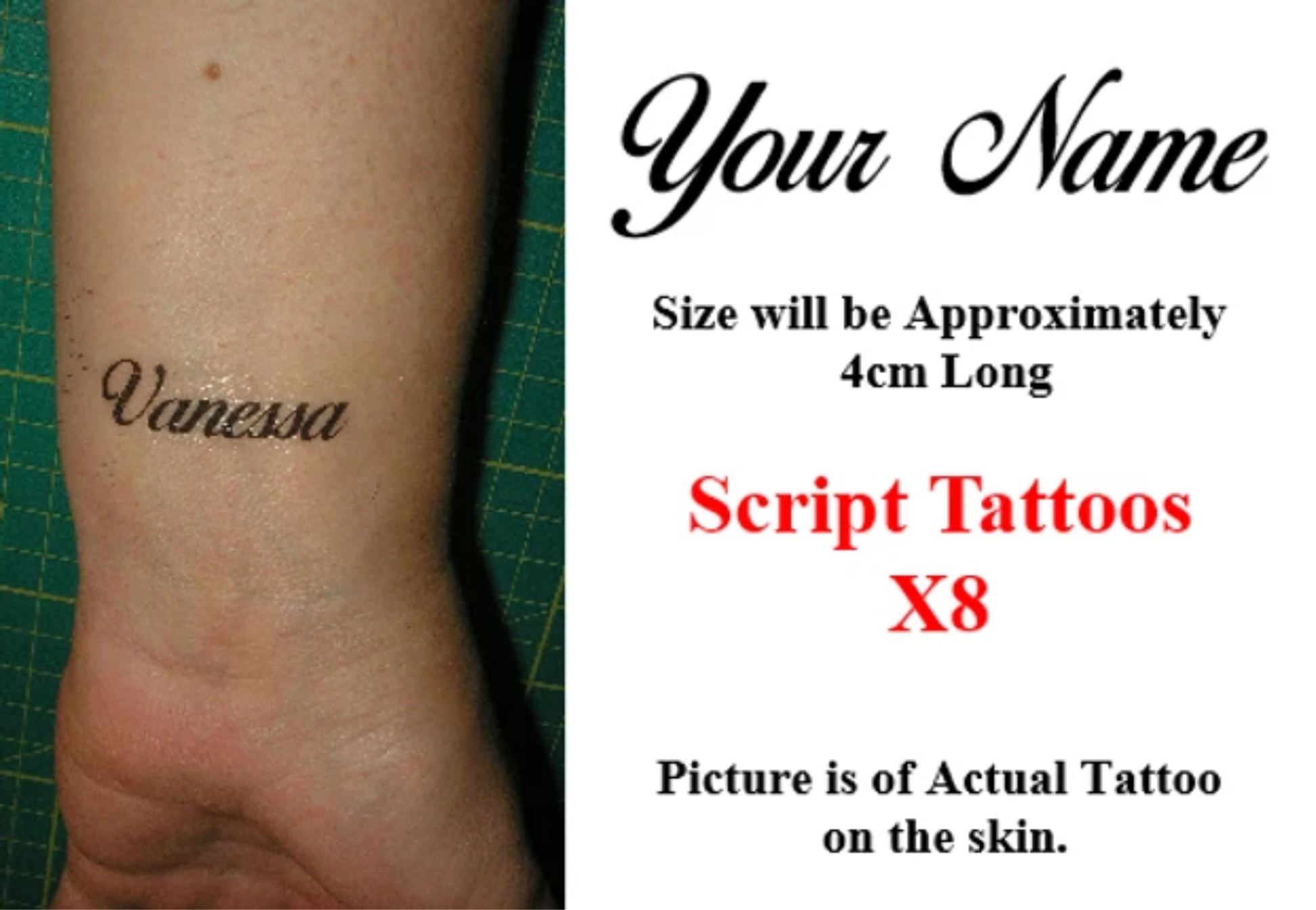 Personalised Small Script Font Temporary Tattoo ( Set of 8 ) Printed in UK